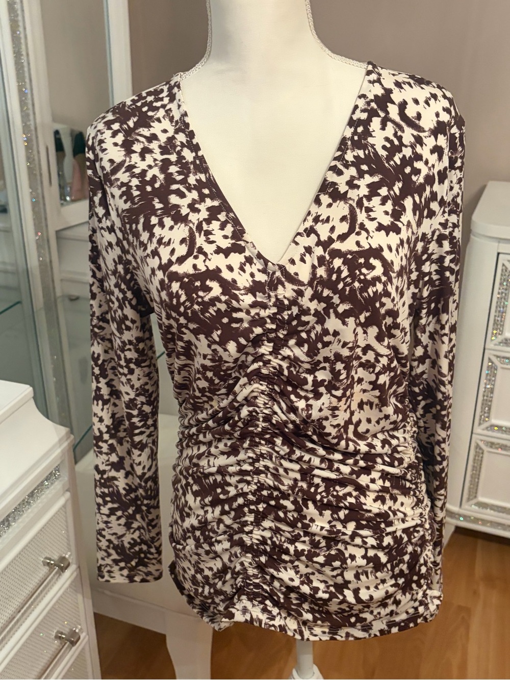 INC Brown & White Animal Print Ruched Front Long Sleeve Top Size L